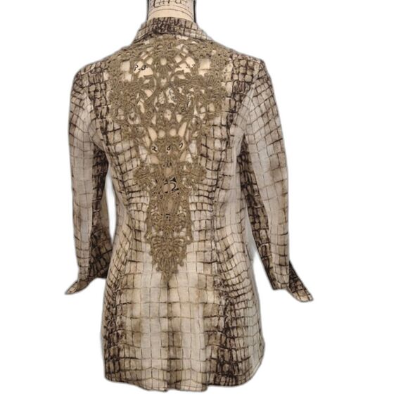 Alberto Makali Blazer Jacket 10 Brown 100% Linen Lace Pattern Notched Lapel - Picture 4 of 9